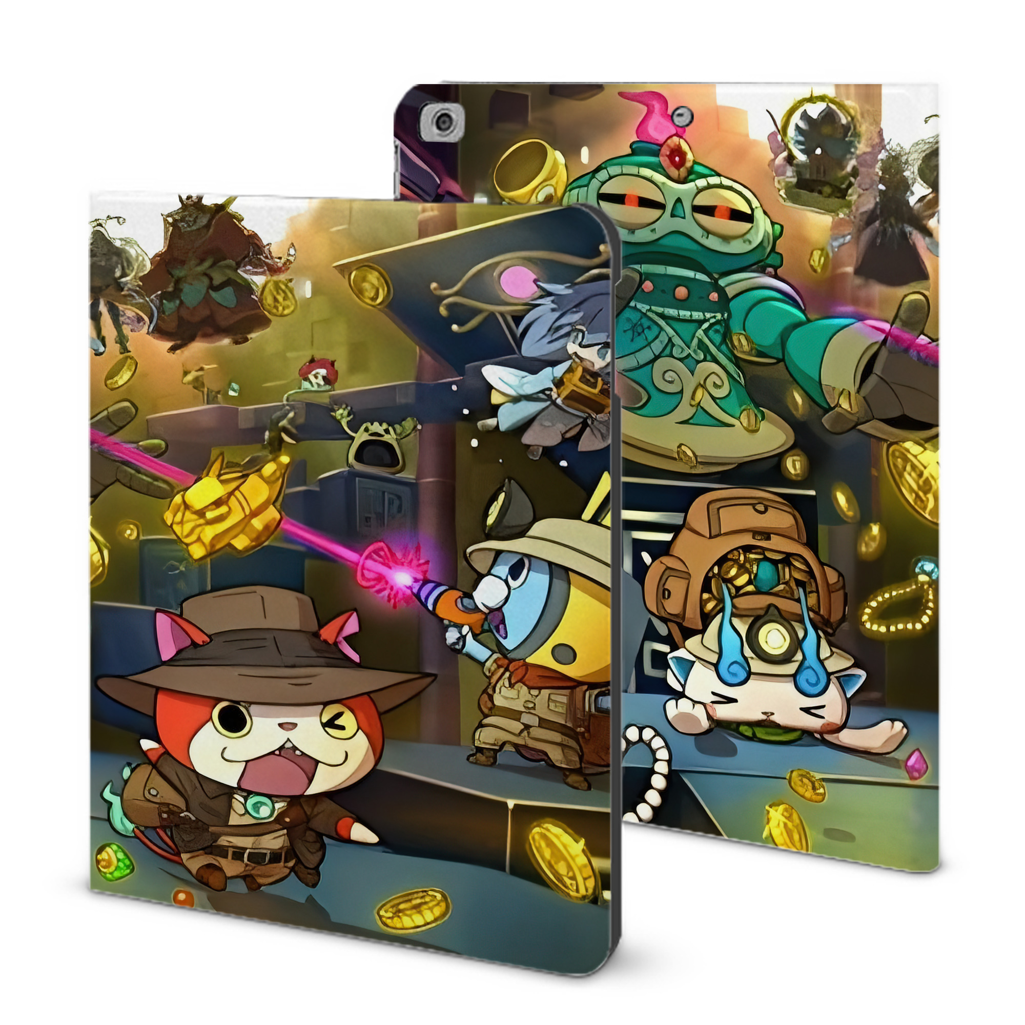 （画像用） 妖怪ウォッチ Yo-kai Watch IPad ケース ブック型 PUレザー TPU 耐衝撃 軽量 薄型 ペン収納なし 全面保護 IPad 各モデル対応